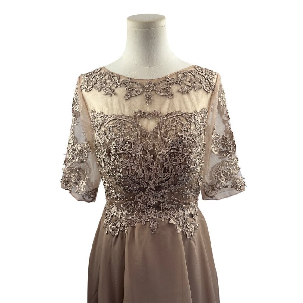 Elegant Lace Embroidered A-Line Dress With Sheer Sleeves & Corset Back